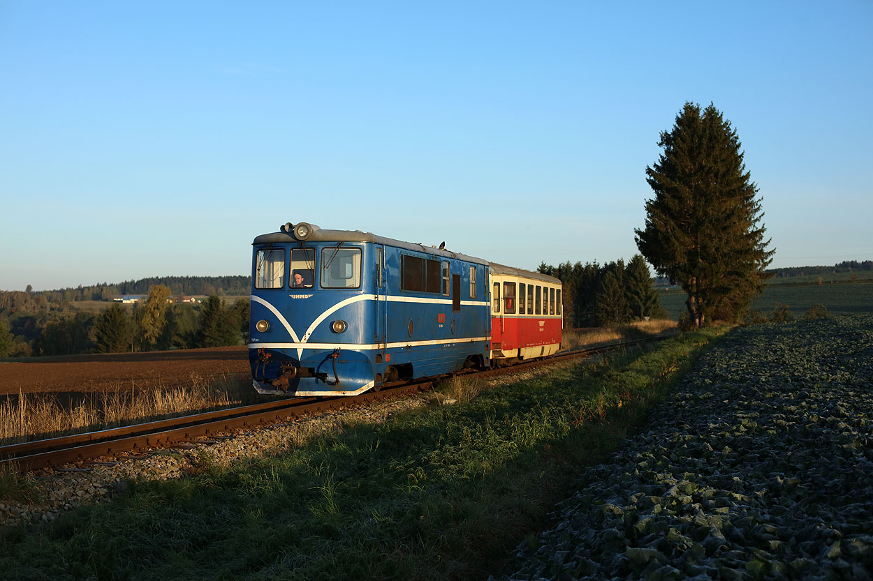 Lights on. The ground is still frozen. JHMD T47 015 hauls one coach as train 21203 (Obratan, CZ - Jindrichuv Hradec, CZ) at Gabrielka (CZ) on 7 October 2019.